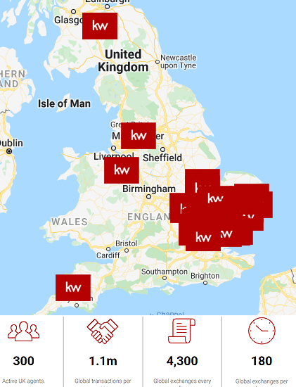 kellermap Uk map showing locations of Keller Williams Plus agents